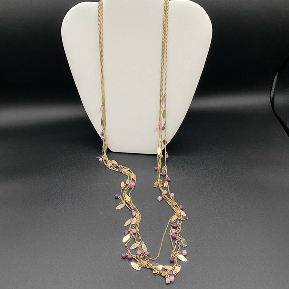 Pretty Dainty Multistrand Necklace with Gold Tone Leaves and Purple Square Beads - Picture 3 of 8